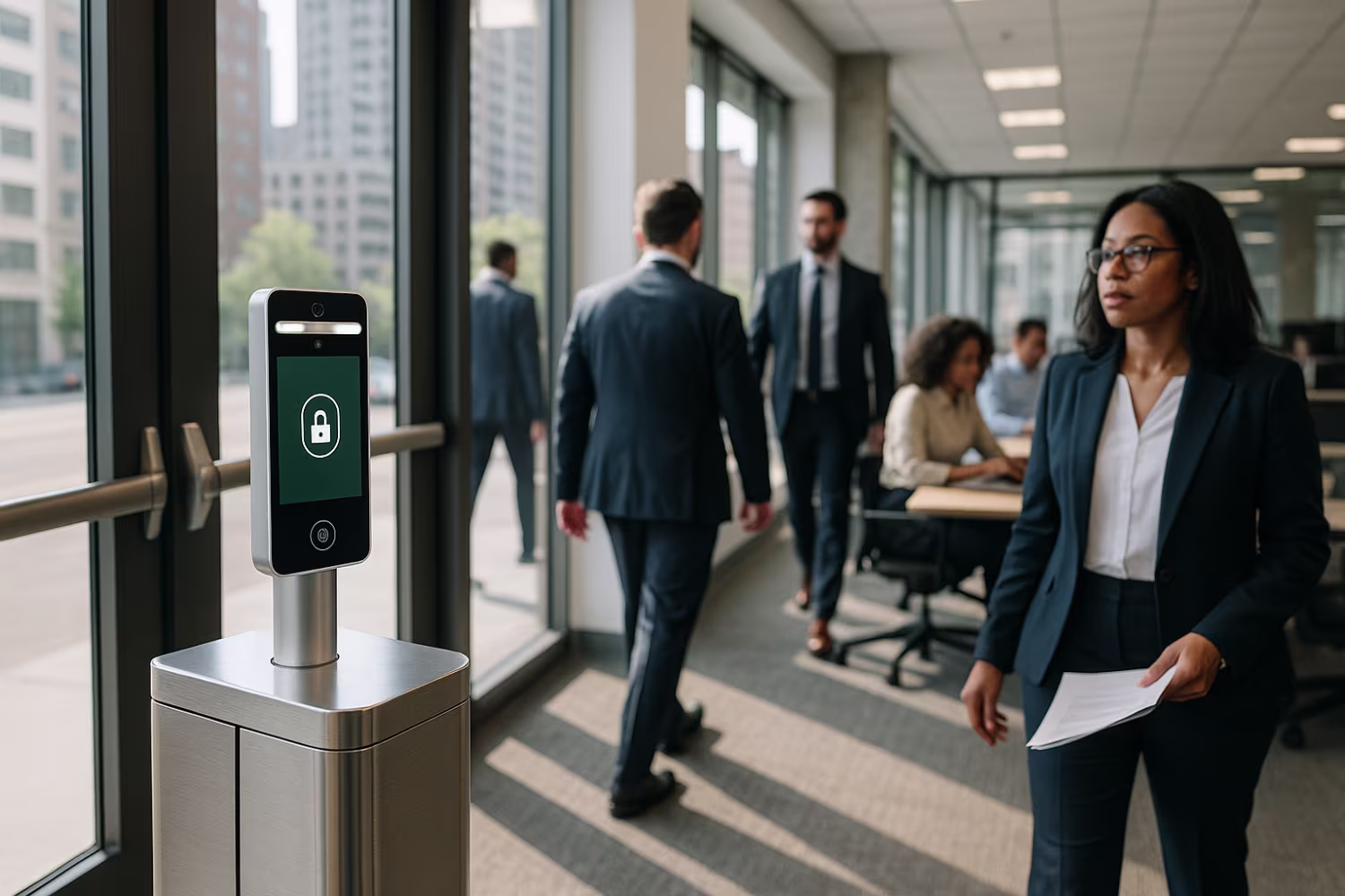 Modern office entrance with network access control software
