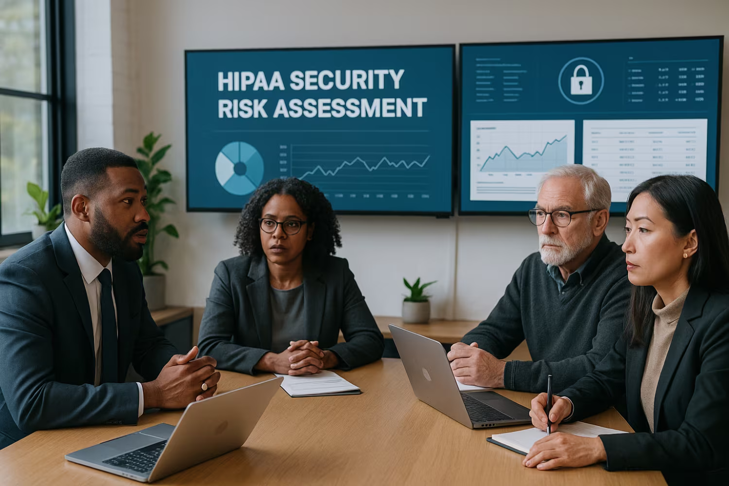 Diverse professionals in HIPAA security meeting