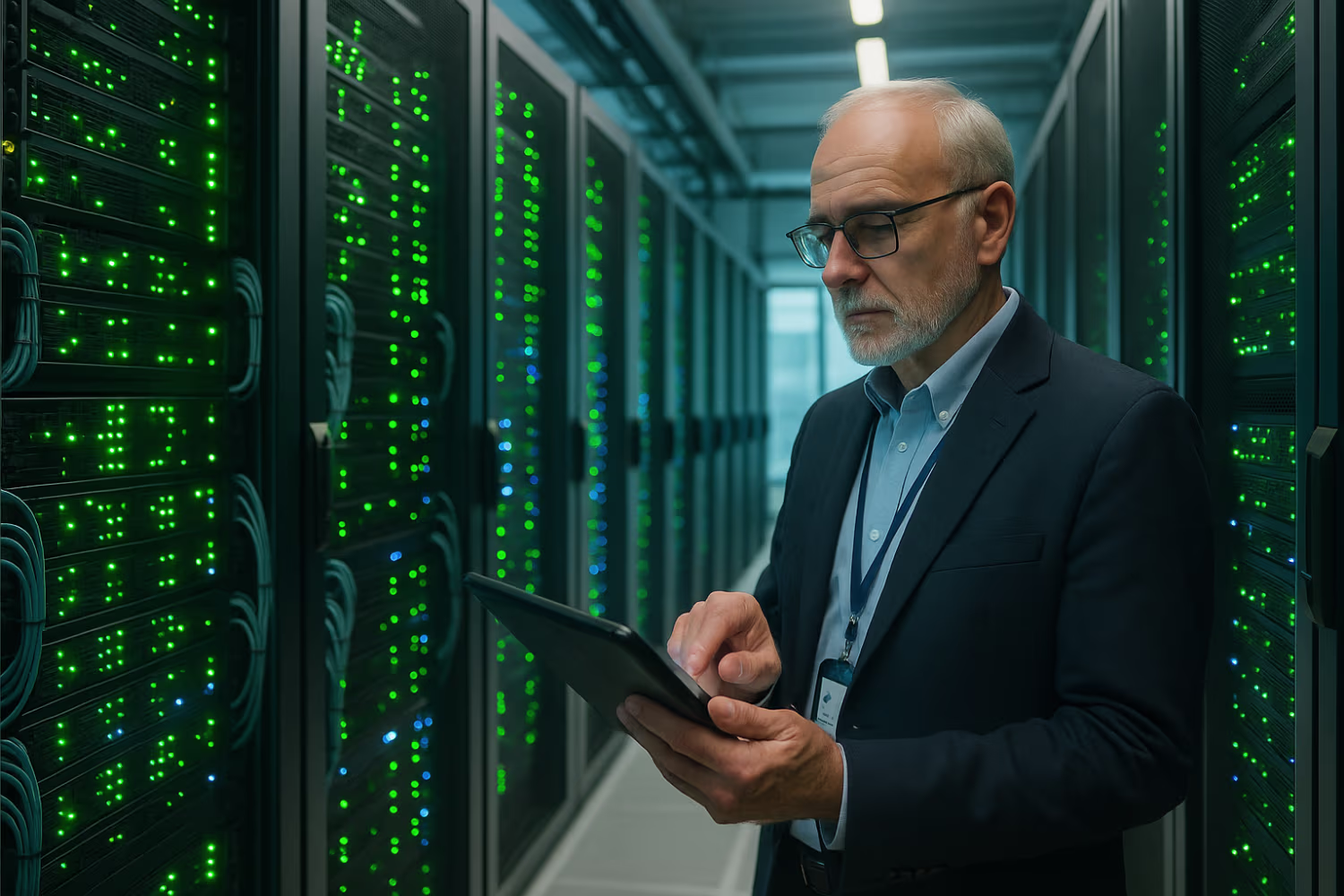 Technician checking server room's availability in cyber security