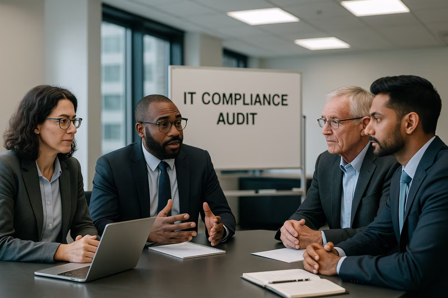 Diverse professionals discussing IT compliance audit