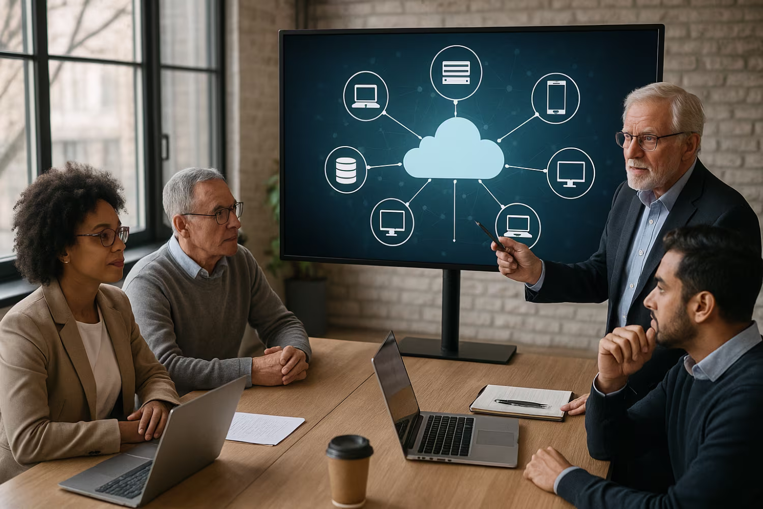 Professionals brainstorming cloud IT solutions