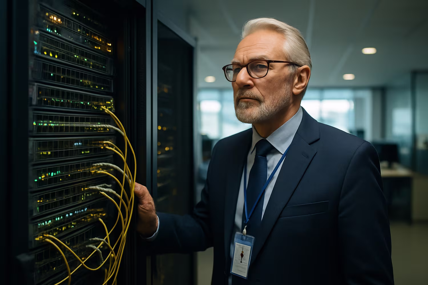 IT specialist inspecting network equipment