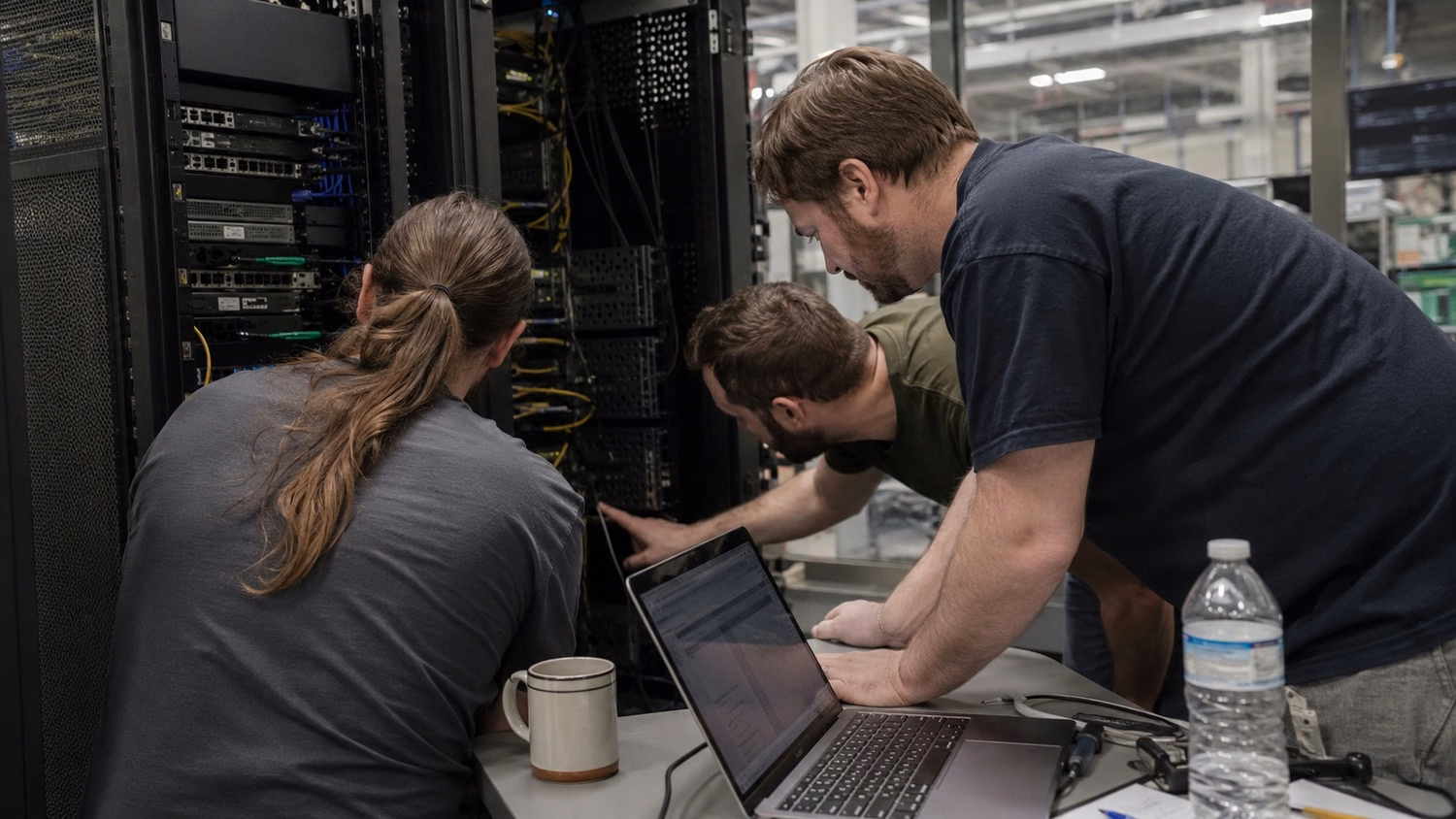 IT technicians troubleshooting aging servers in busy rack and coffee mugs