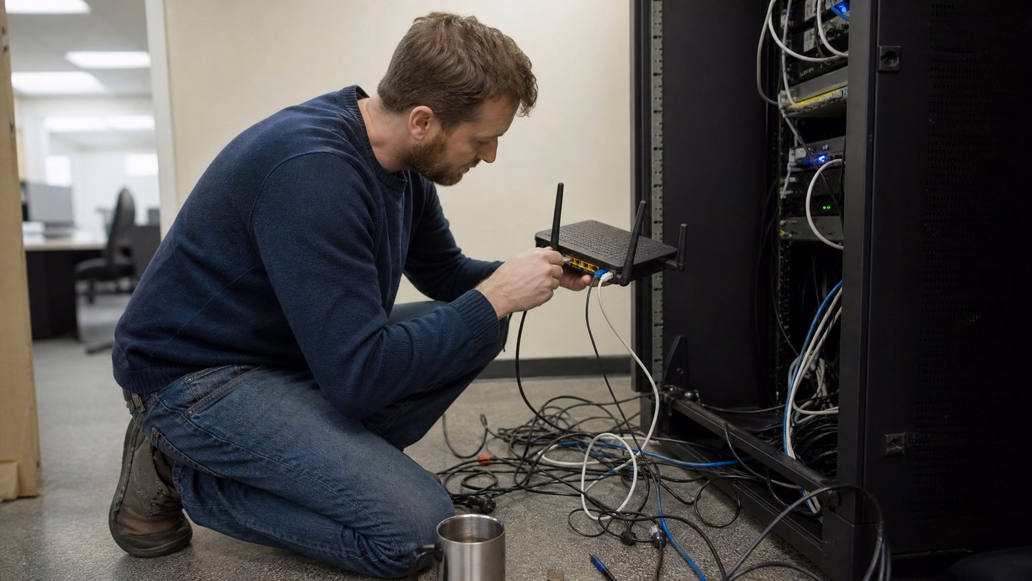 IT technician inspecting router in network closet with cables and mug.
