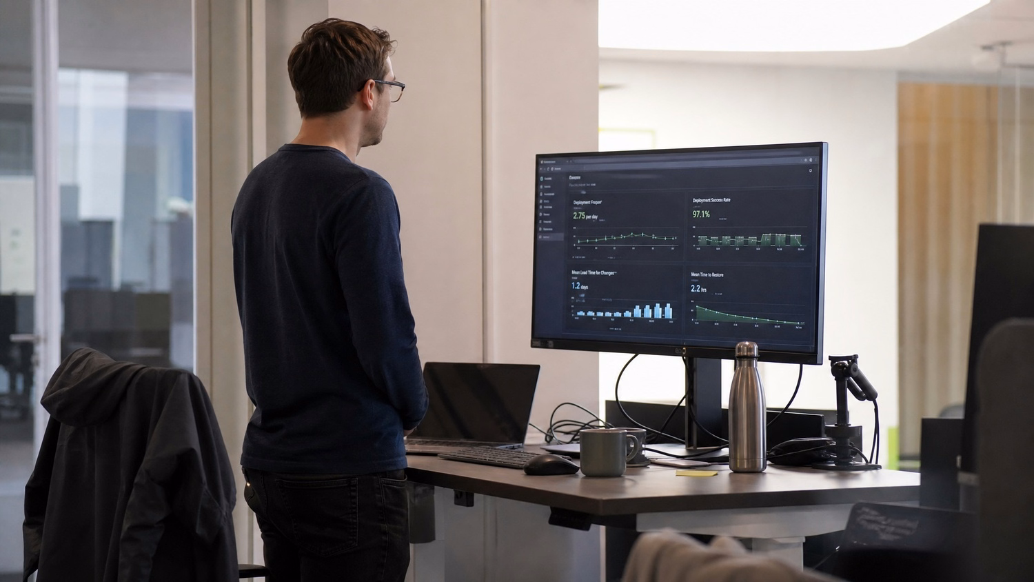 Man at adjustable desk viewing deployment metrics dashboard.