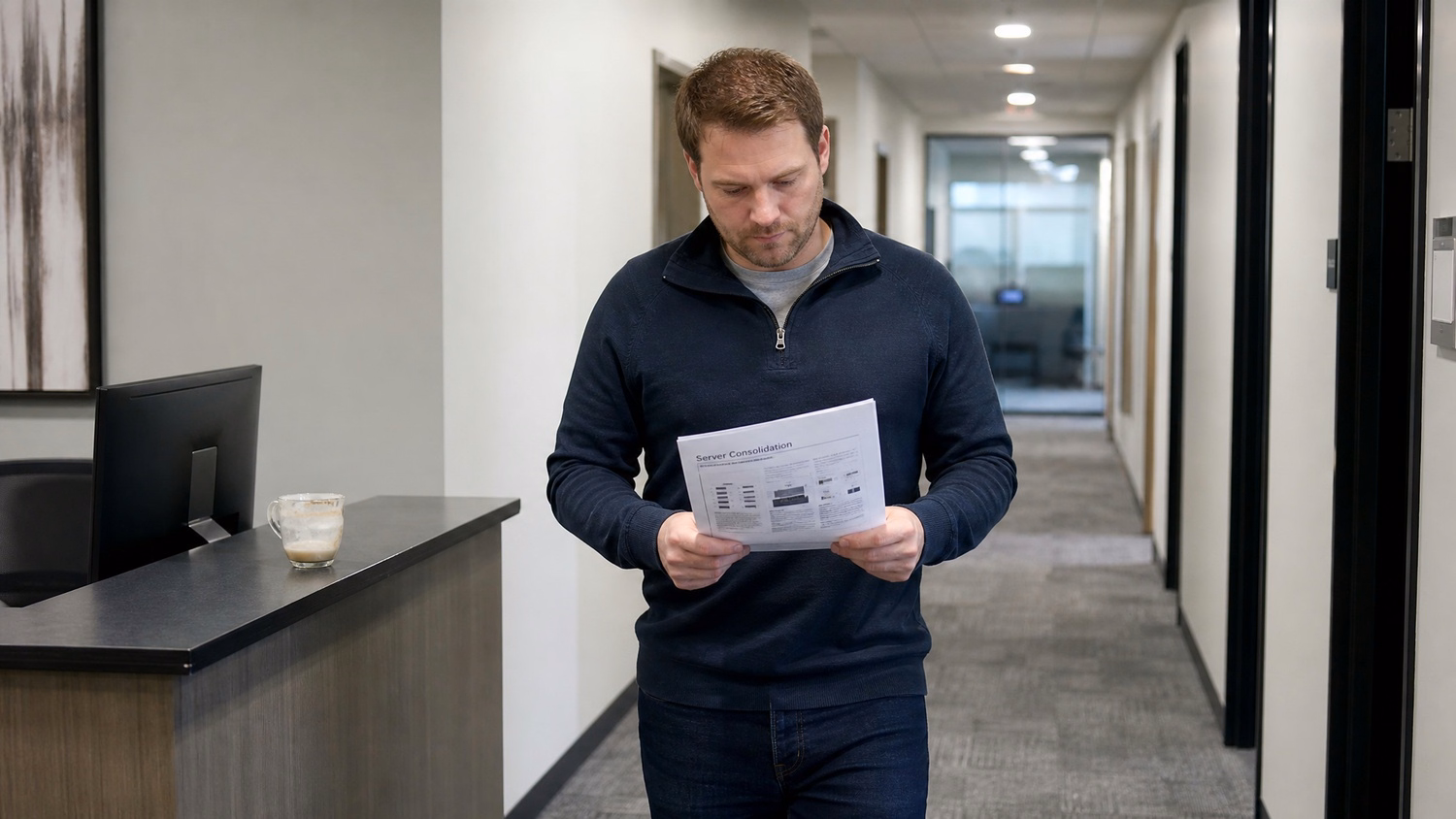 Man walking corridor, reviewing server consolidation report heading to server