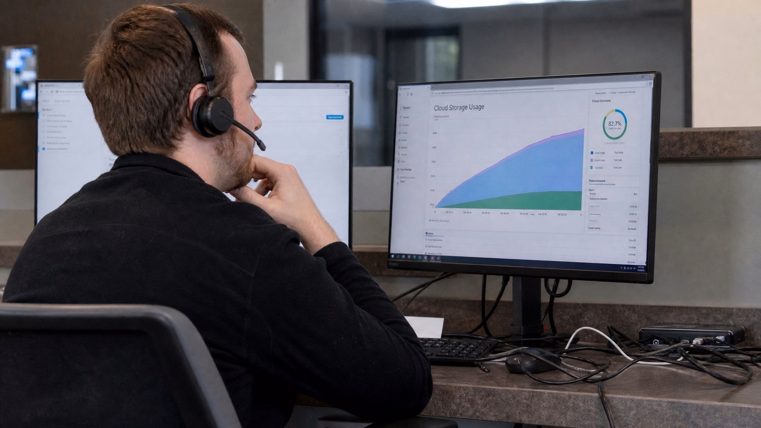 A help desk employee, wearing a headset, reviews a cloud storage usage