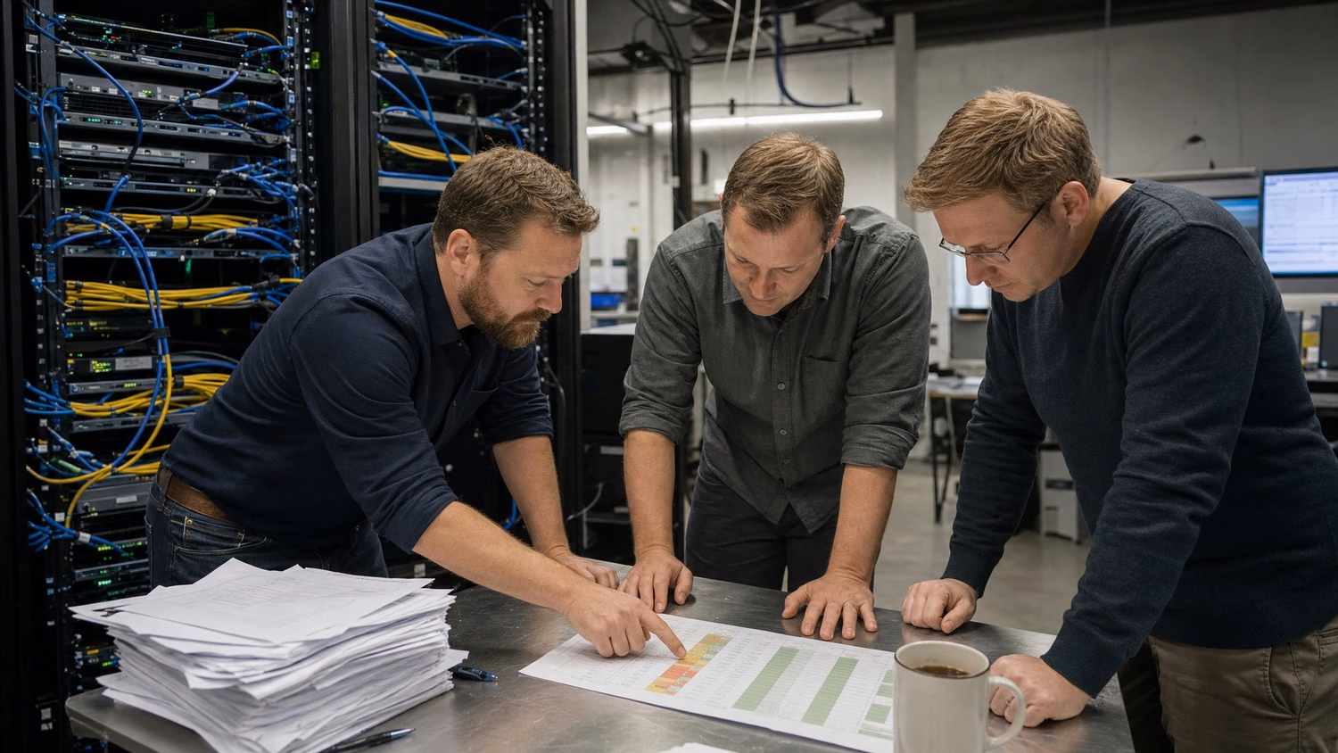 Three IT managers reviewing allocation metrics on cluttered metal desk