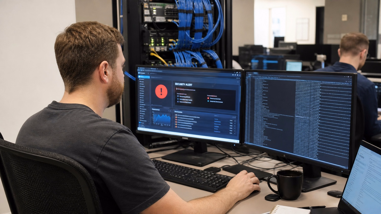 Business cybersecurity specialist reviewing alert dashboard in office