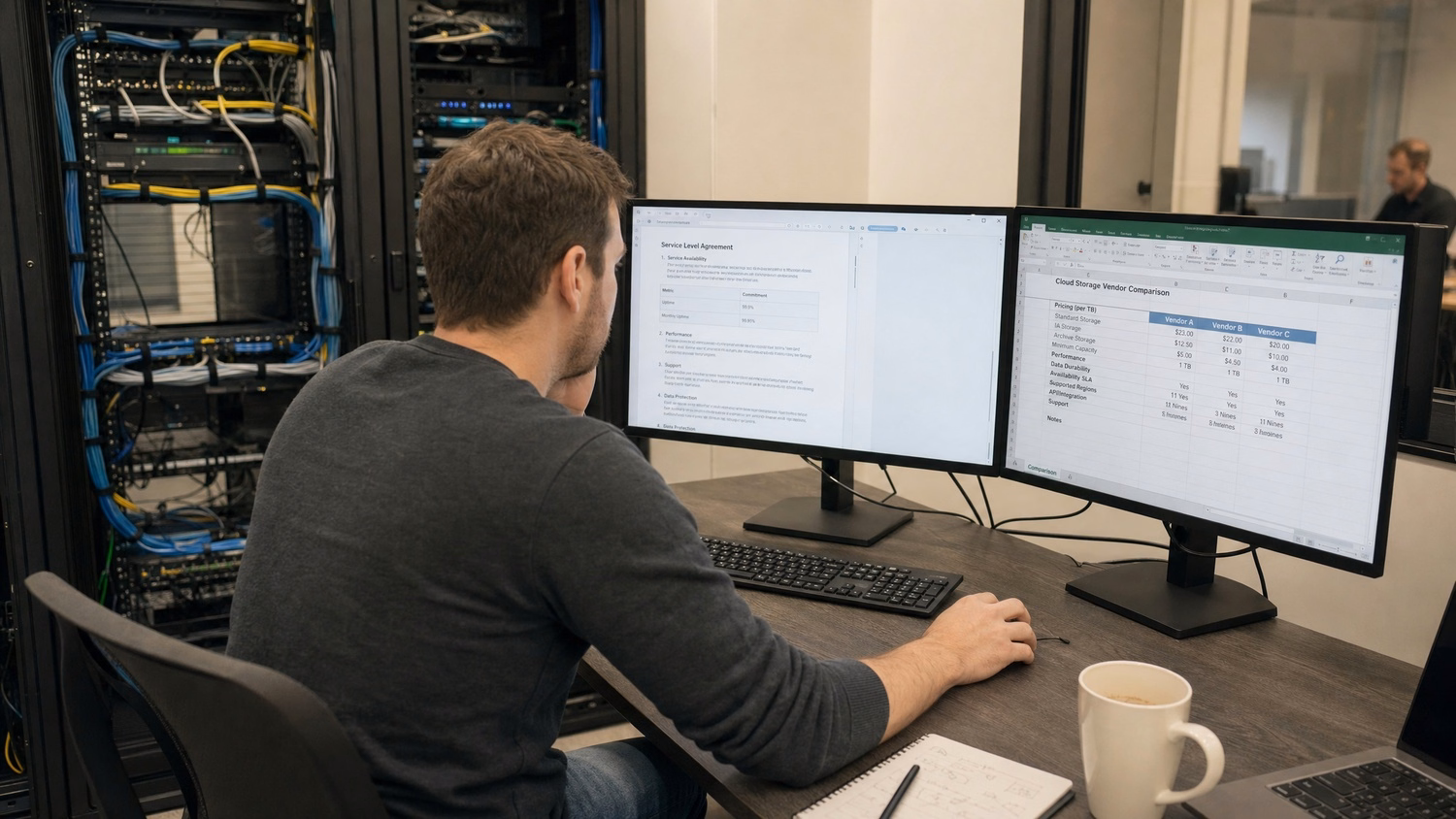 IT specialist comparing cloud storage vendor quotes on dual monitors
