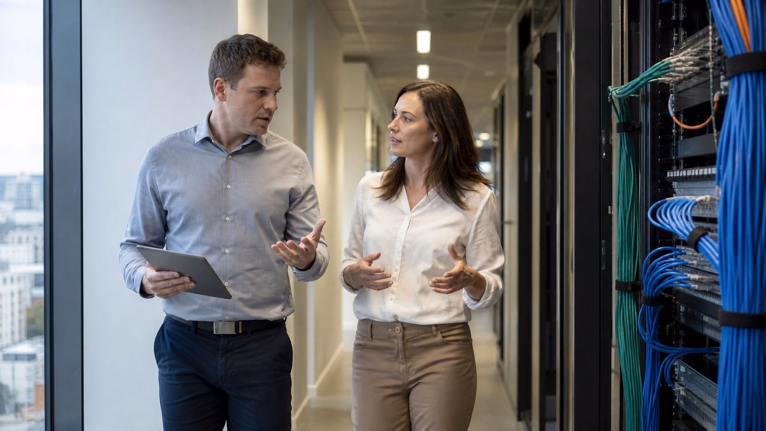 Two colleagues walk office corridor, tablet in hand discussing vendor evaluation