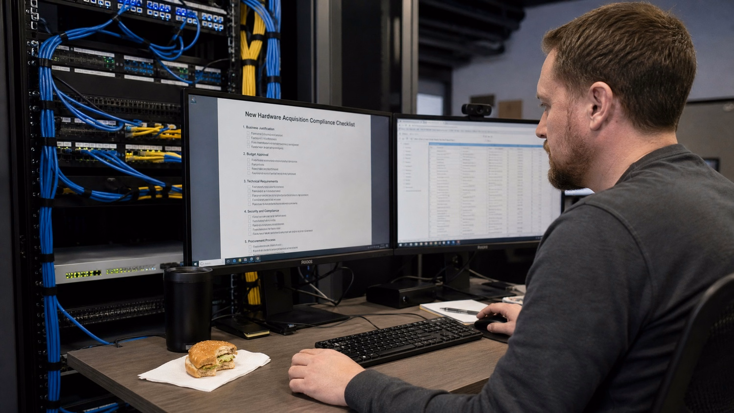 Employee reviews vendor compliance checklist for IT hardware, sandwich nearby