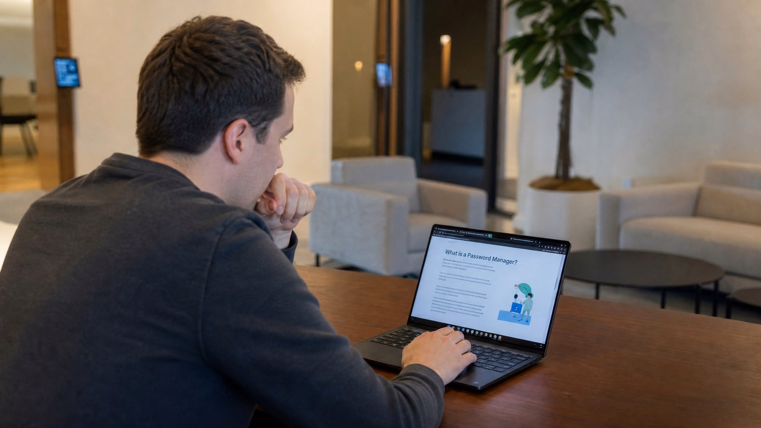 LOUNGE AREA LAPTOP, one person working on a laptop in a casual office loung