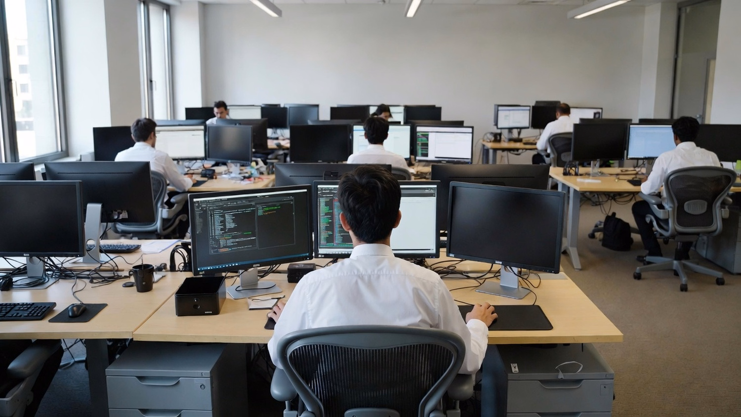 OPEN PLAN WIDE, wide shot of three or four people at separate desks across