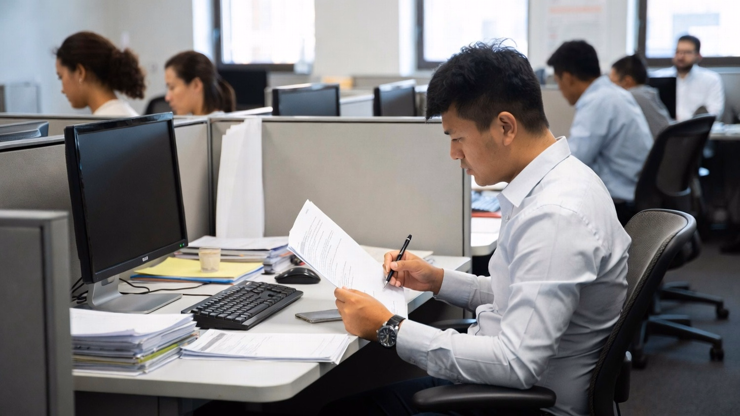 FOCUSED READING, one person seated at a desk reading printed documents or a