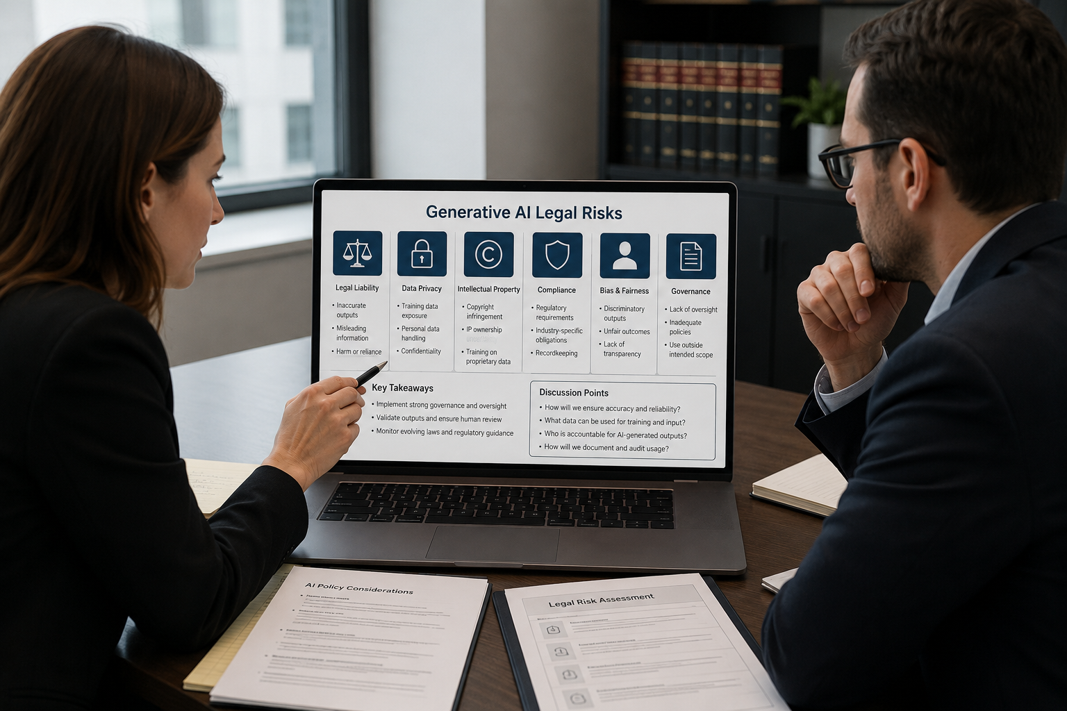 "Legal and IT teams discussing generative AI legal risks on a laptop screen."