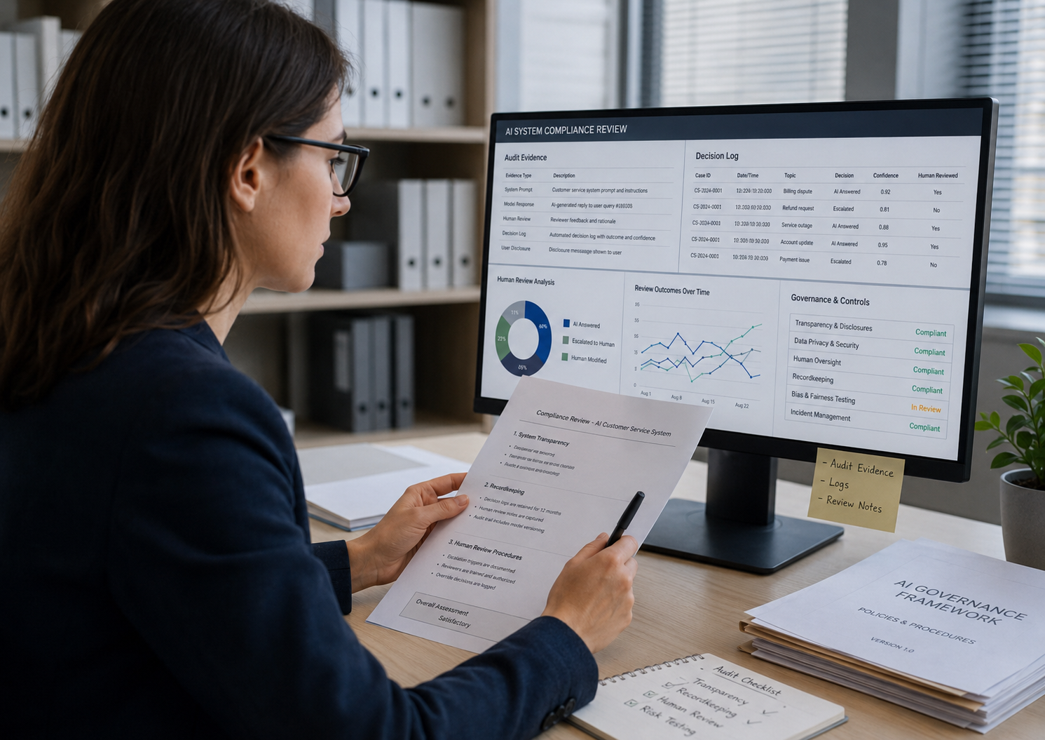"Business leaders reviewing AI legal compliance policies in a conference room."