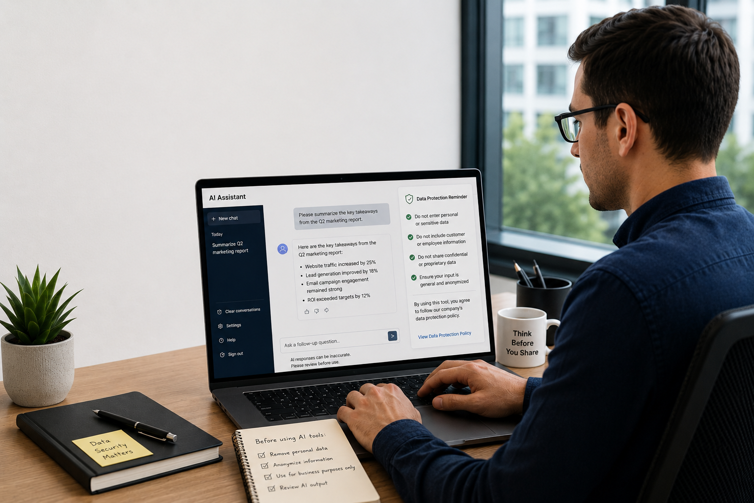 "Employee using an AI platform while following company data protection rules."