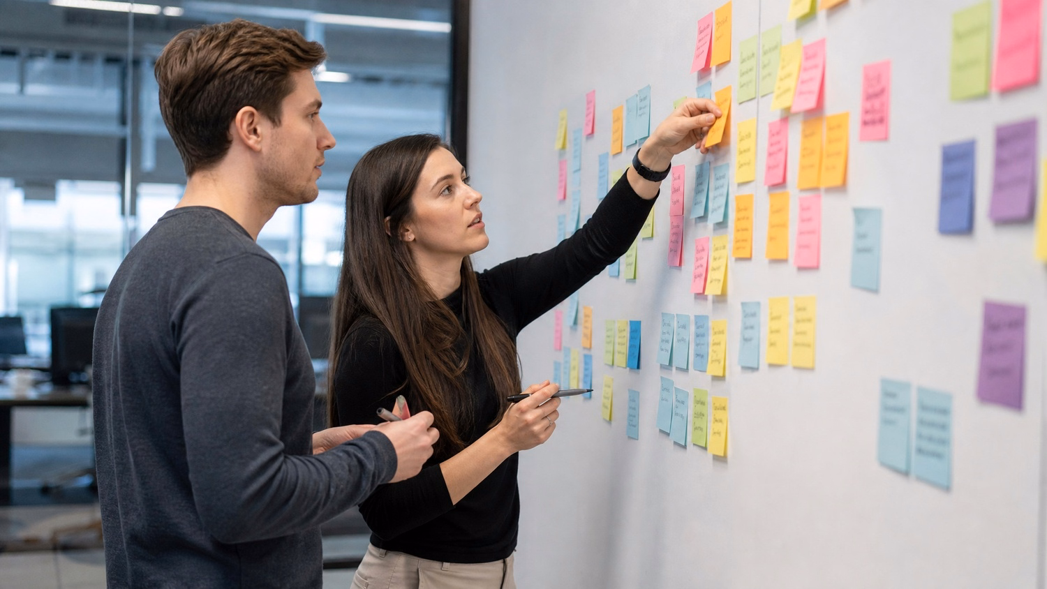 STICKY NOTE WALL An IT professional two people standing at a wall covered wi