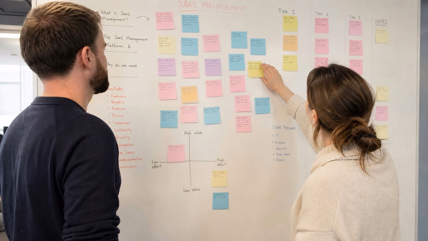 STICKY NOTE WALL An IT professional  two people standing at a wall covered wi