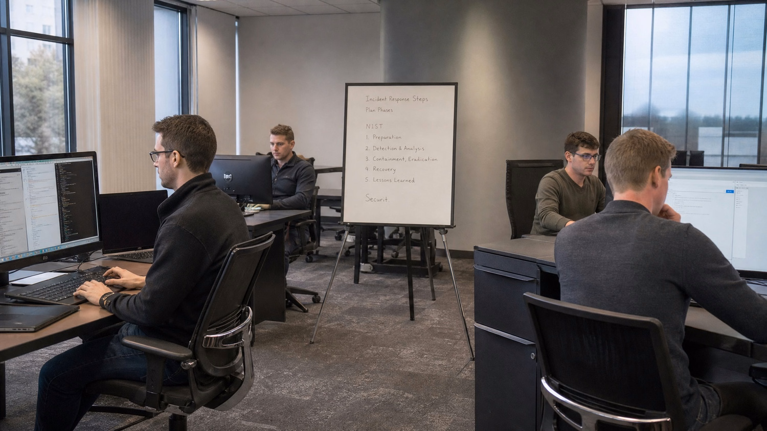 OPEN PLAN WIDE An IT professional wide shot of three or four people at separ