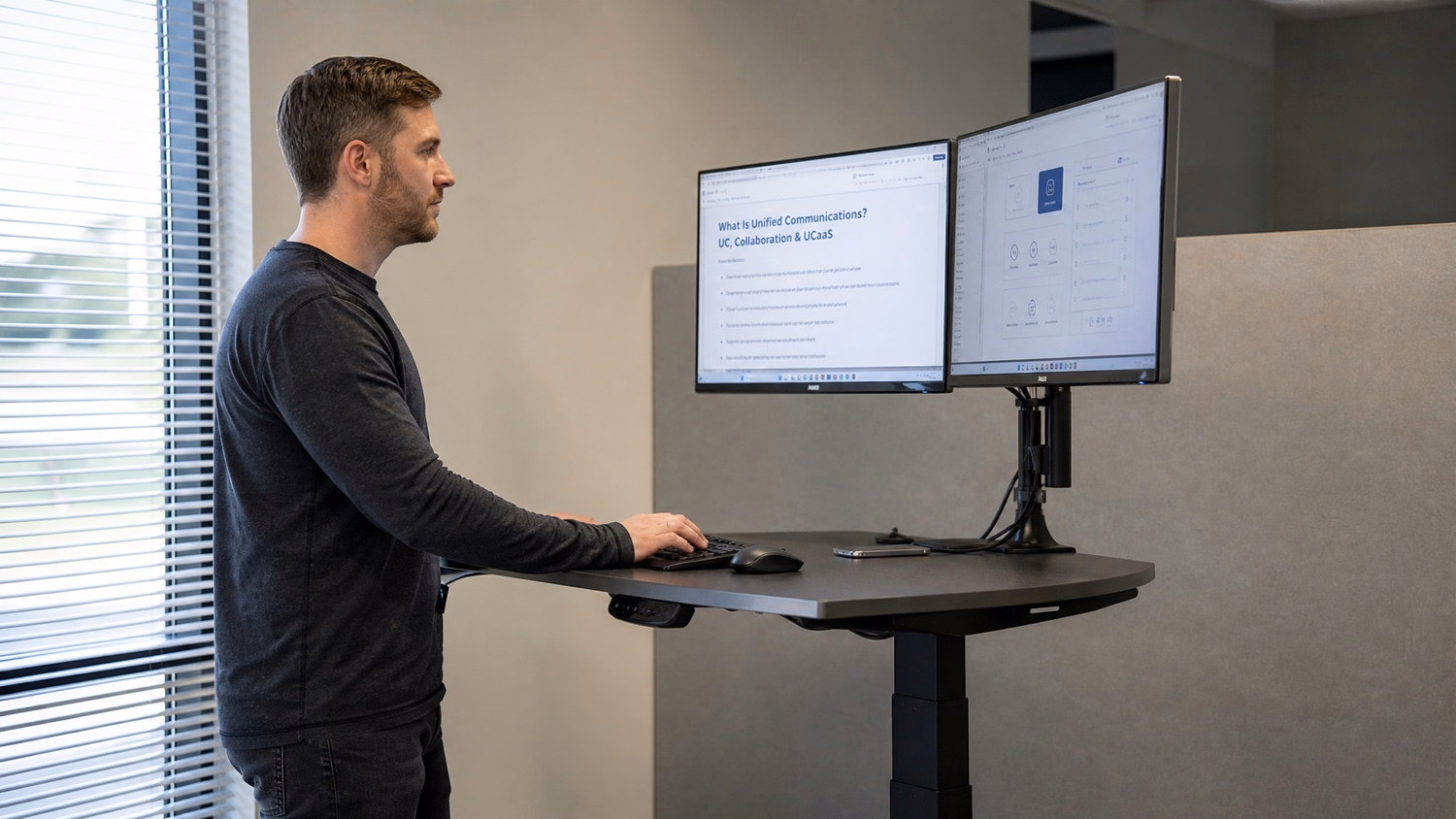 STANDING DESK An IT professional one person standing at a height-adjustable