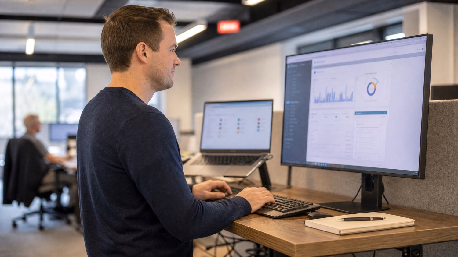 Person at standing desk typing, notebook nearby 50 chars
