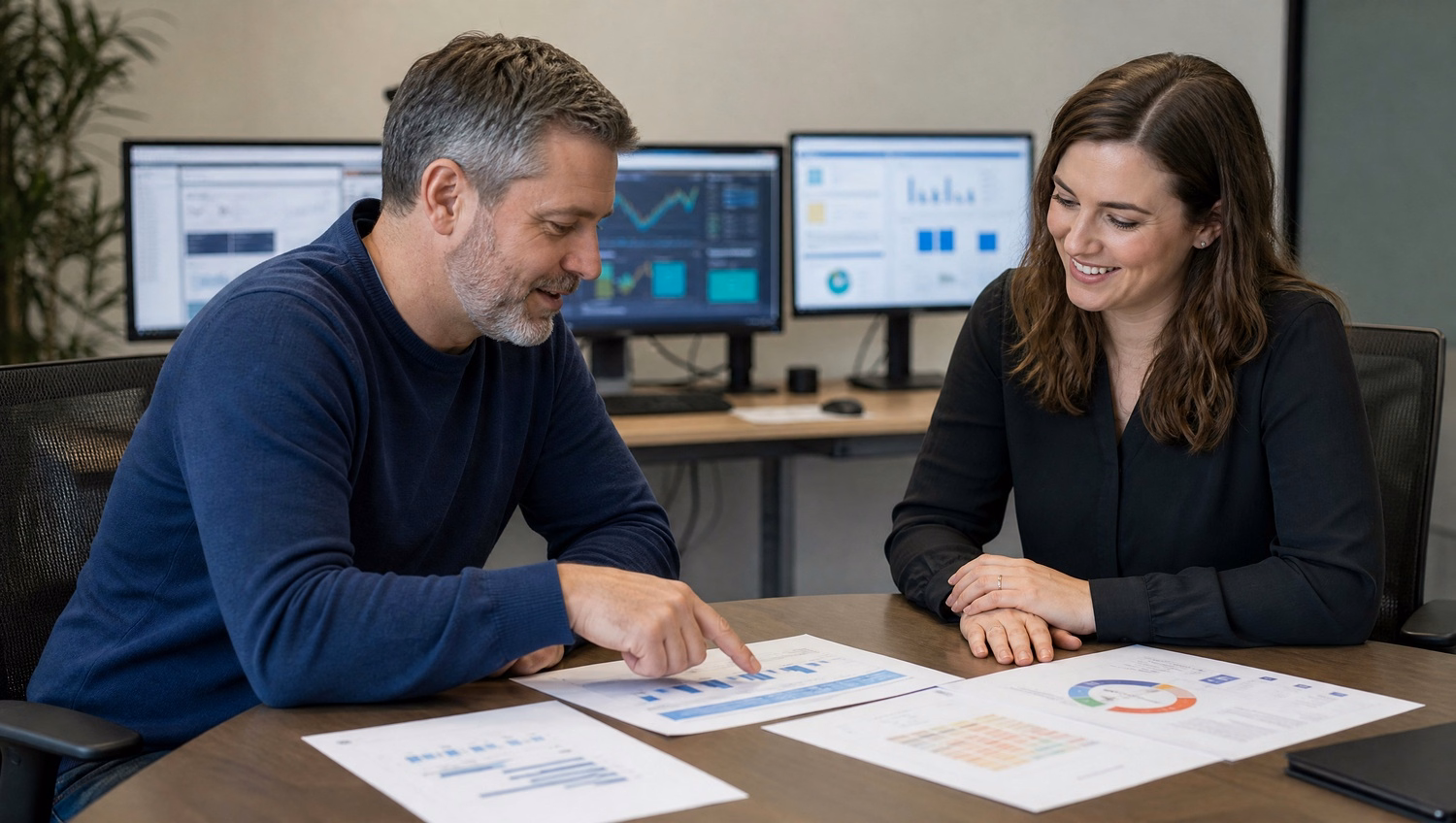 IT team reviews service metrics reports at meeting table 60 chars