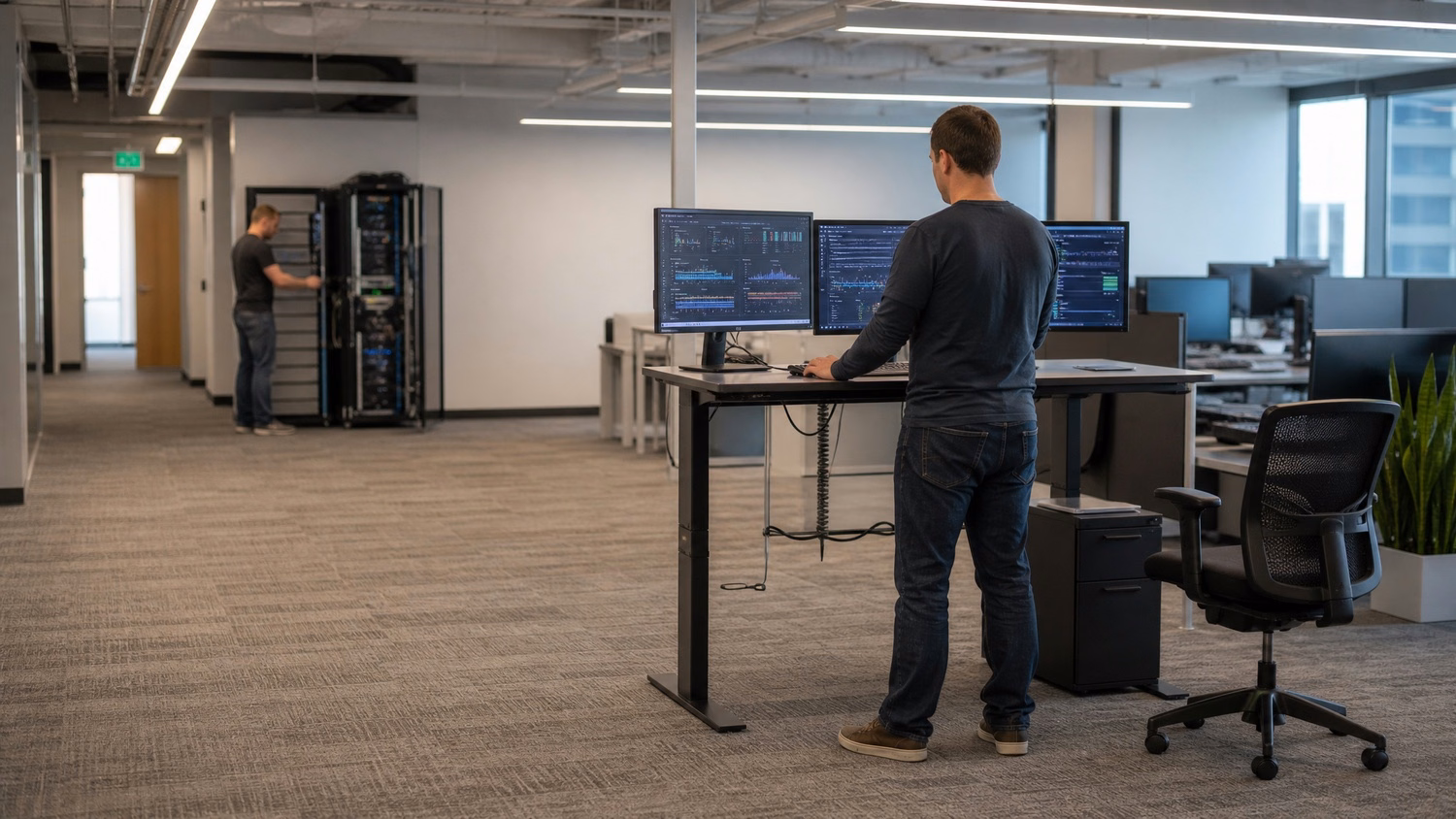 Man configures server rack on empty office floor 57