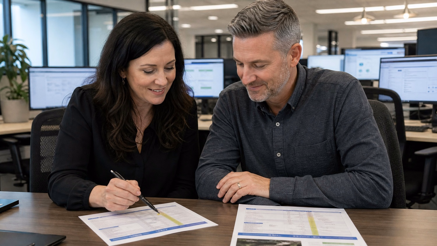 Couple reviewing Azure migration plans at table