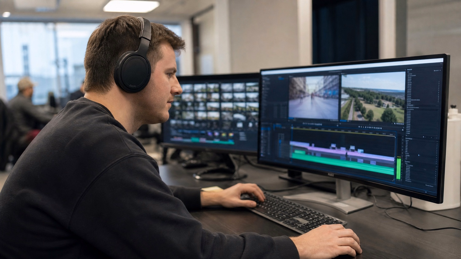 Editor wearing headphones at dual monitors editing video 58
