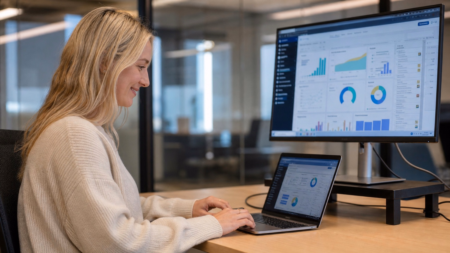 Woman reviews Azure storage dashboard on laptop and monitor