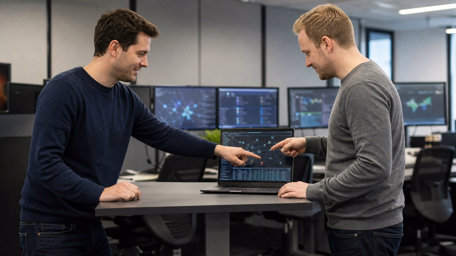 Two men at standing table review network diagram on laptop 70