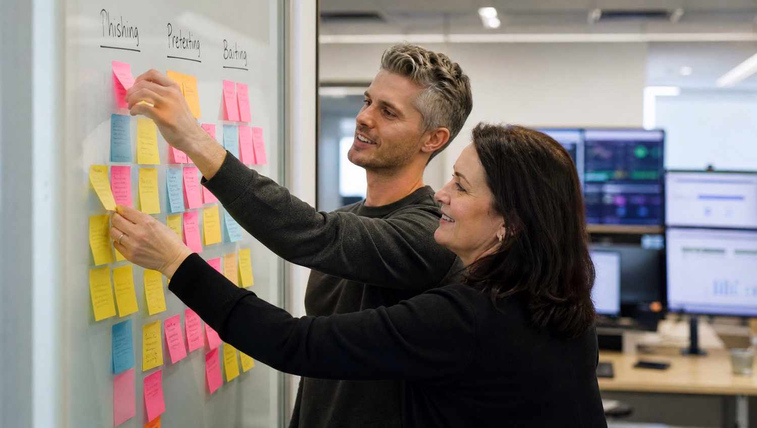 Team brainstorming on a sticky note wall, organizing ideas 48