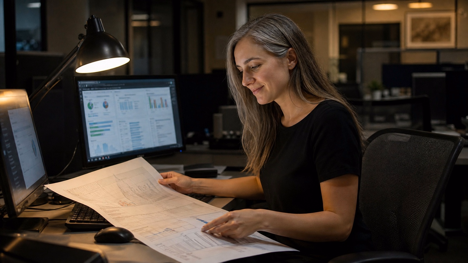 Woman reviews software license audit report at desk