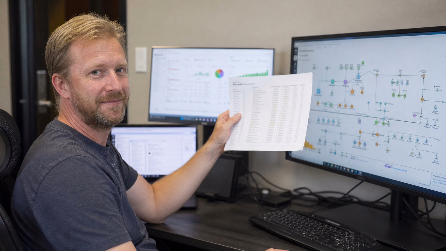 Man compares printed IT inventory list to network diagram on screen
