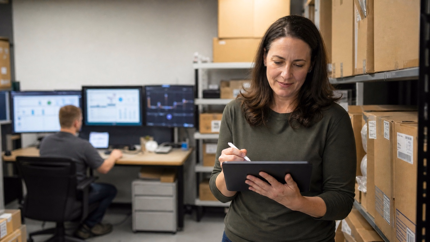 Woman notes incoming shipment in storage room on tablet