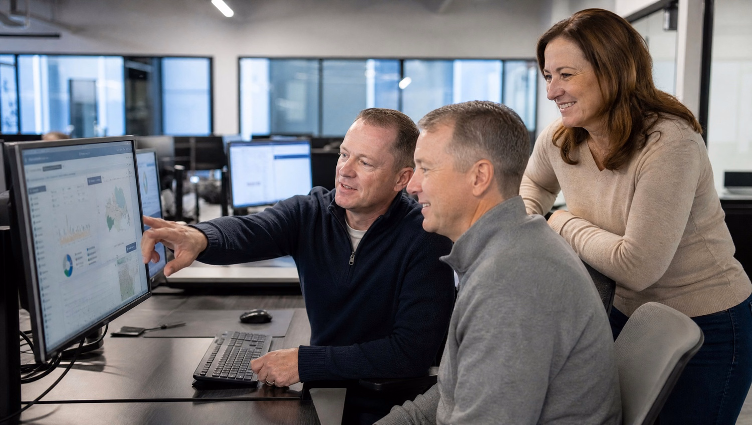 Team reviews fleet management dashboard on monitor