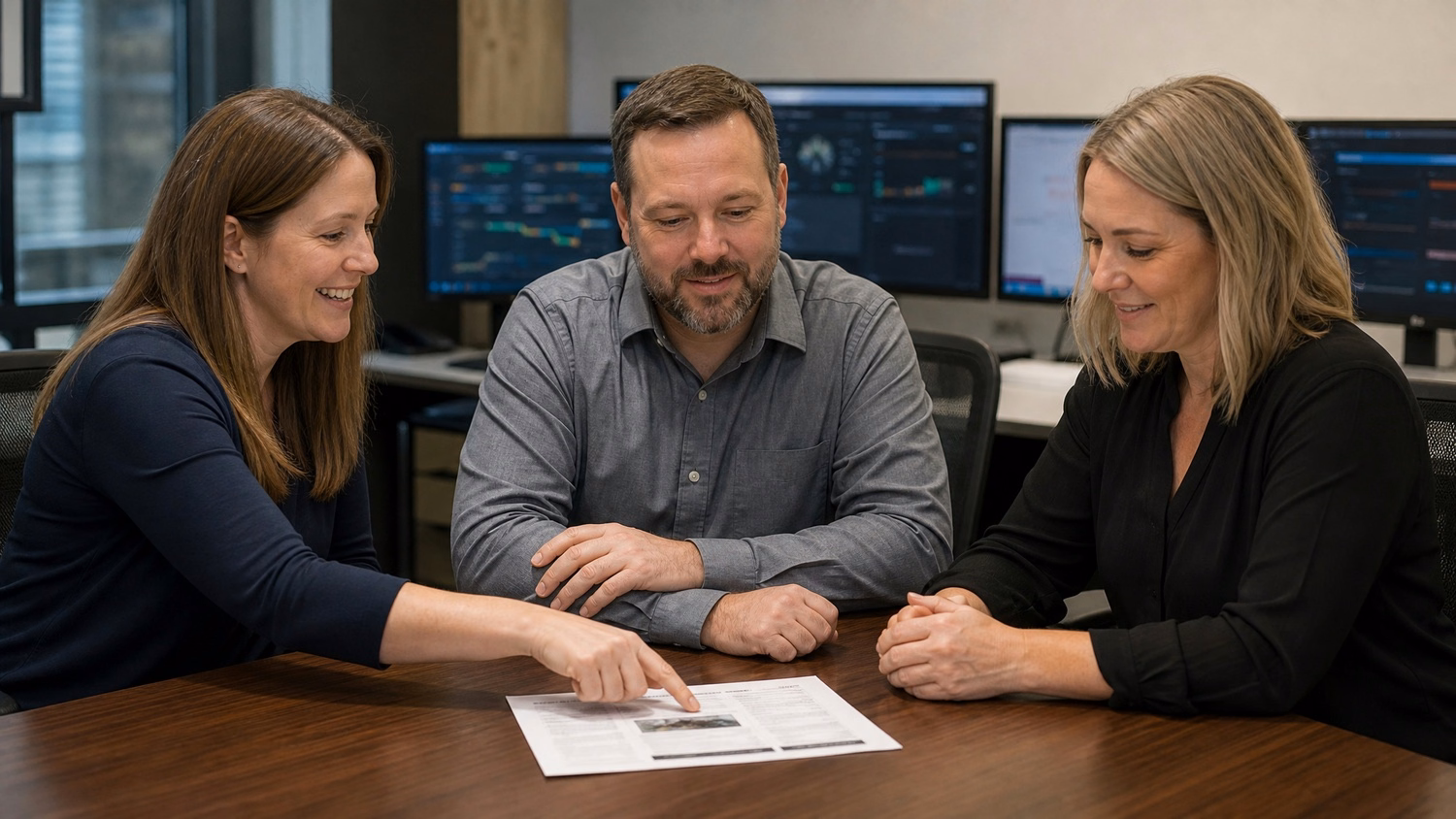 Team reviewing IT hardware specs at conference table 58 chars