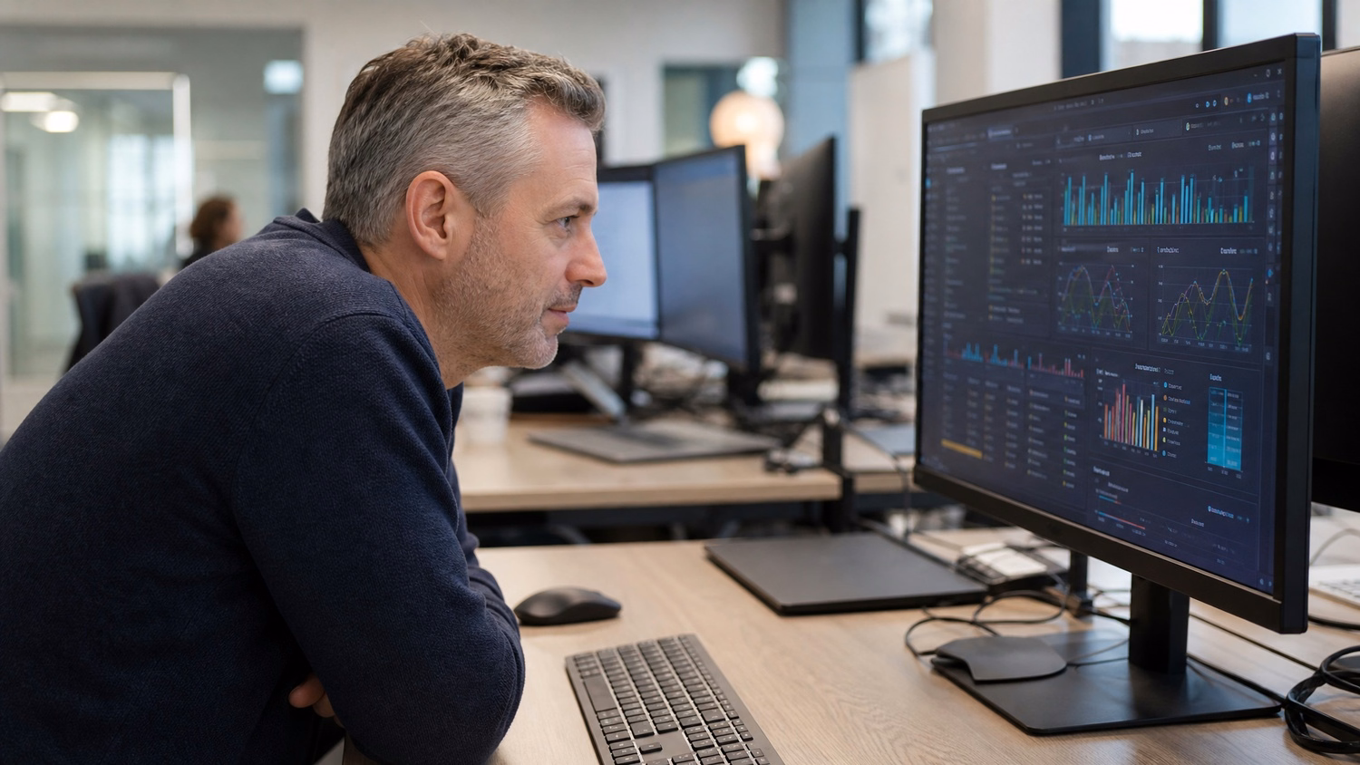 IT professional reviewing code on dark dashboard monitor