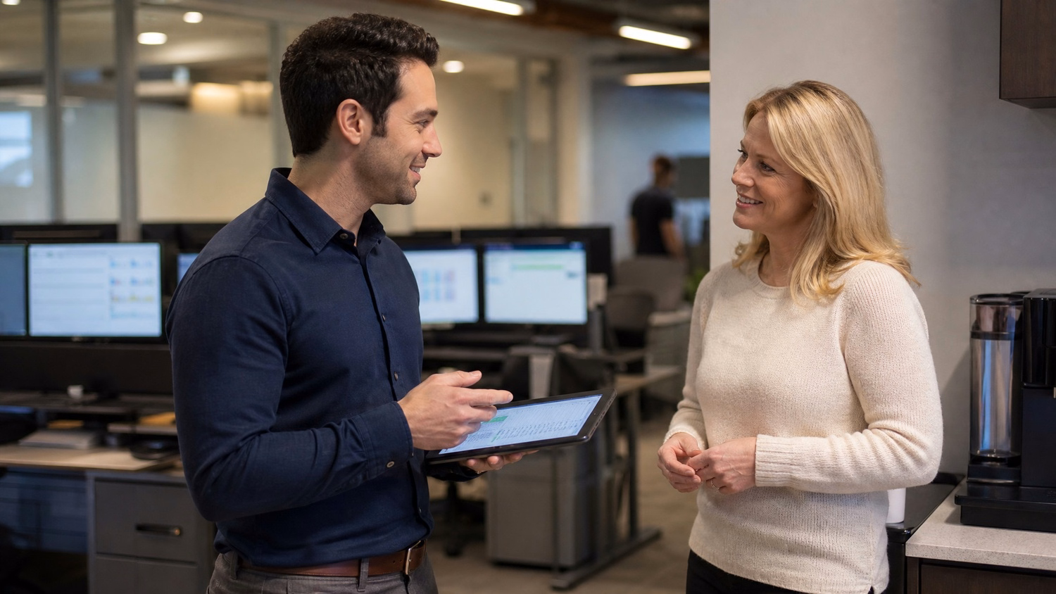 Man and woman discuss tablet spreadsheet by coffee machine