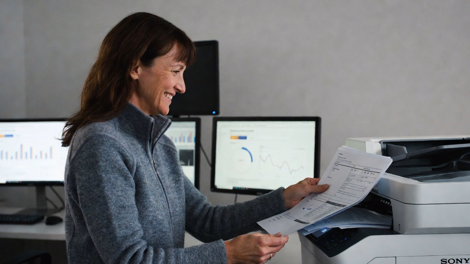 Woman collecting data usage reports from office printer 60 chars