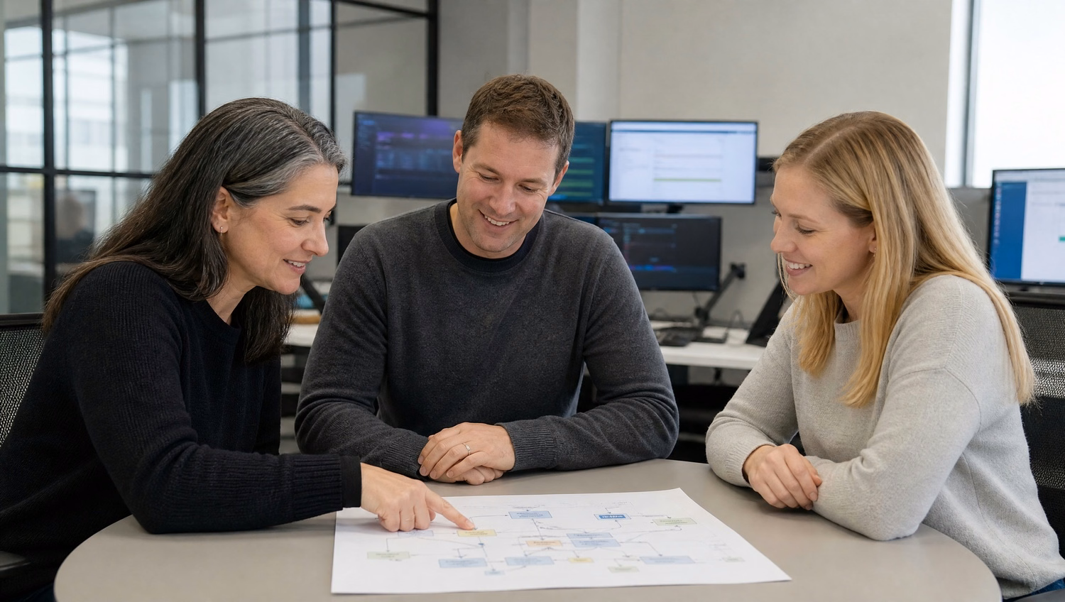 Four people discussing around a round office table
