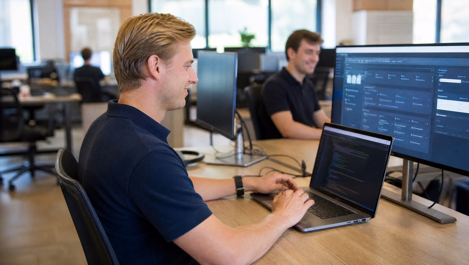 Man configures hybrid cloud on laptop, reviewing code 60 chars