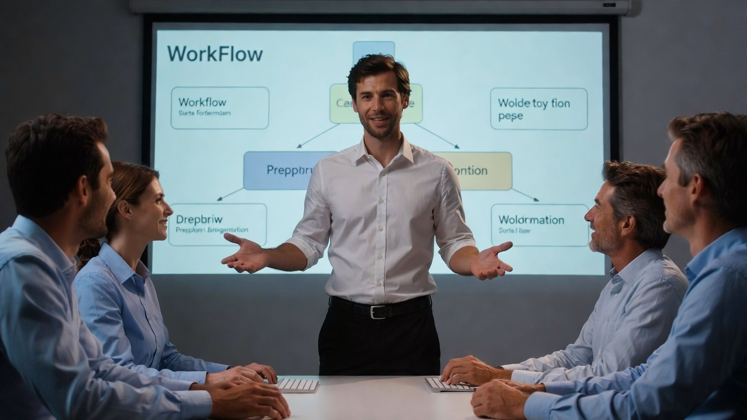 Presenter explaining workflow diagram with open hand gesture