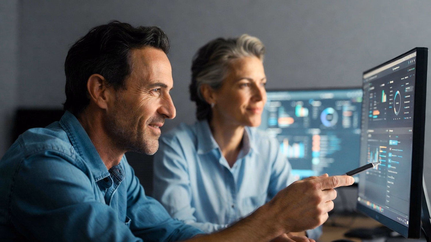 Two IT professionals reviewing complex software on monitor 49