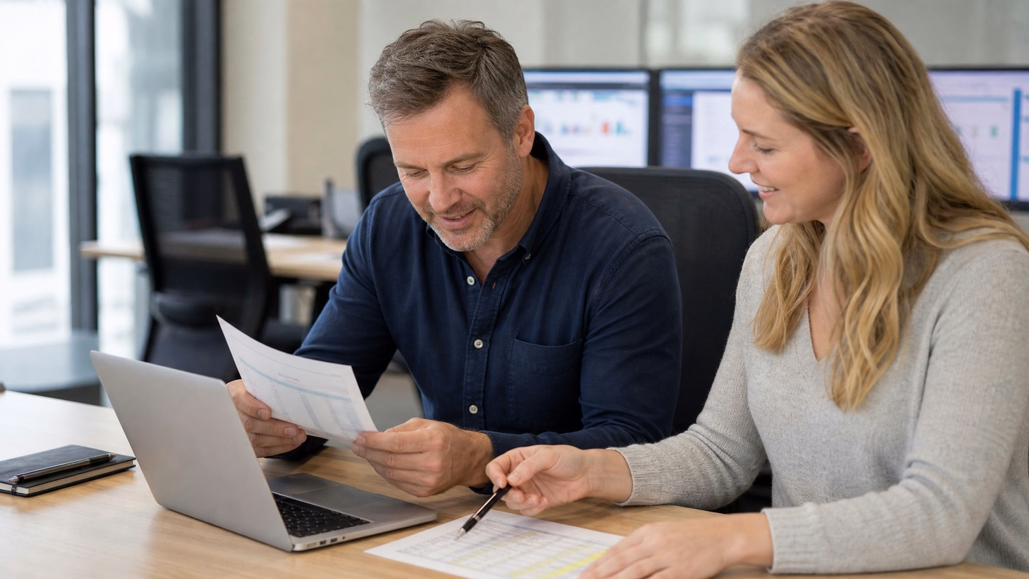 Man and woman reviewing invoice and laptop data