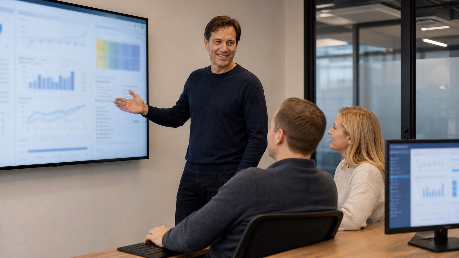 Manager presents IT budget plan to seated colleagues 62