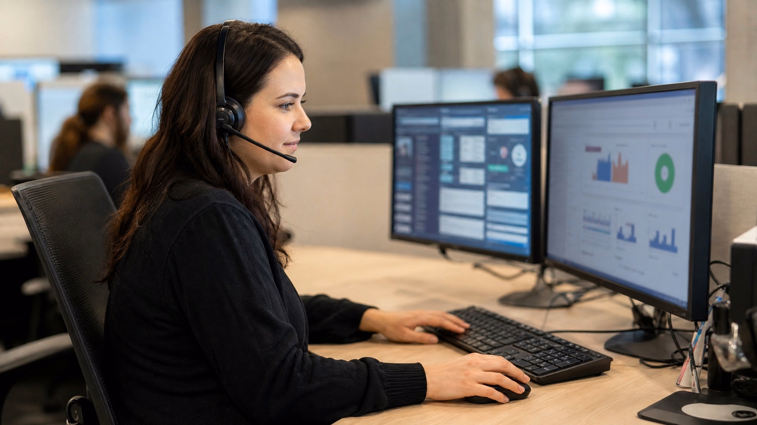 Help desk agent listening, typing, dual monitors display