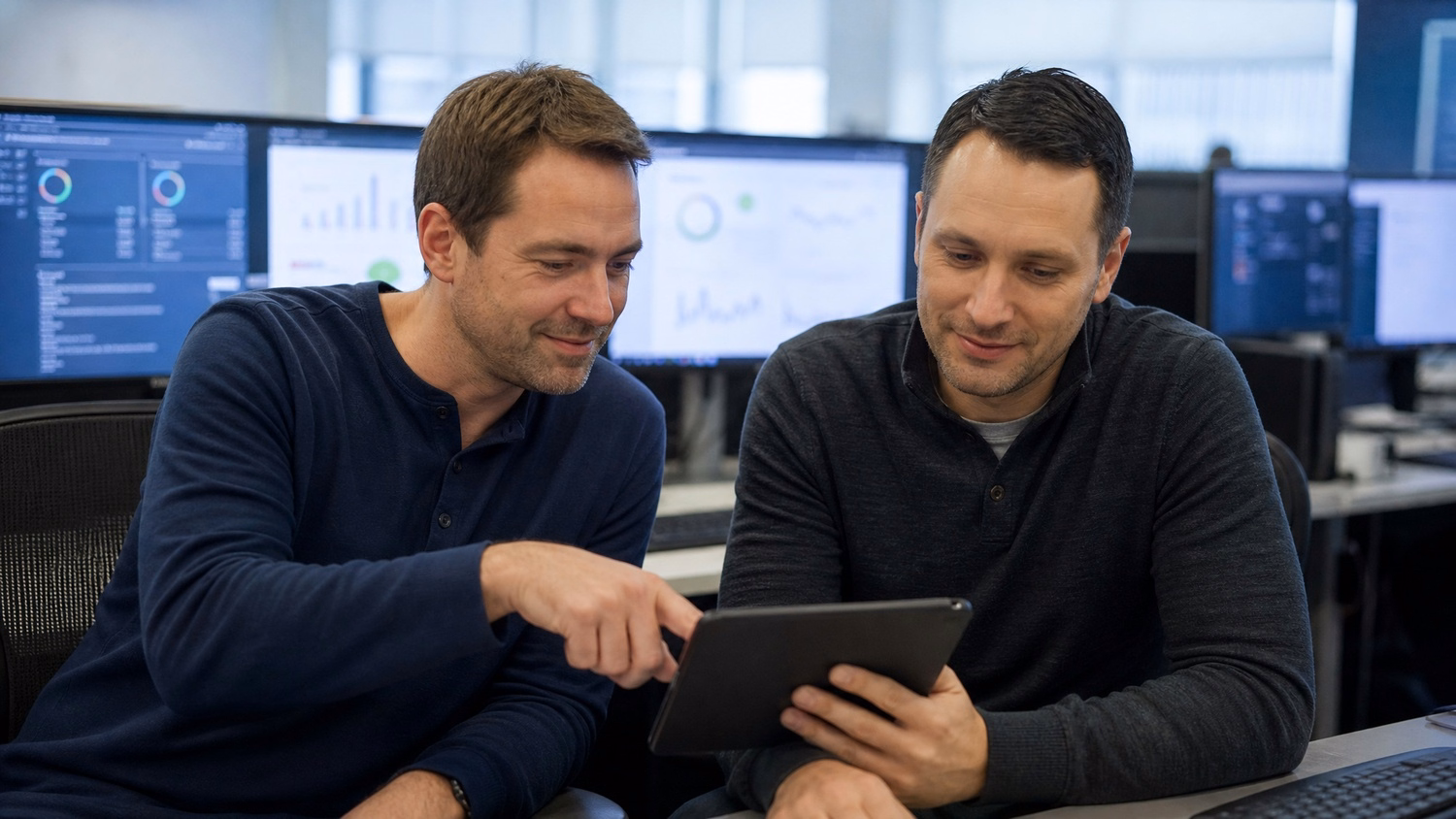 Men review tablet, studying phishing simulation